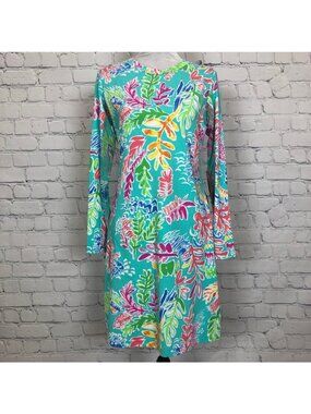 NWT IBKUL Long Sleeve Crew Neck Dress Turquoise Coral Print UPF 50 Size Small